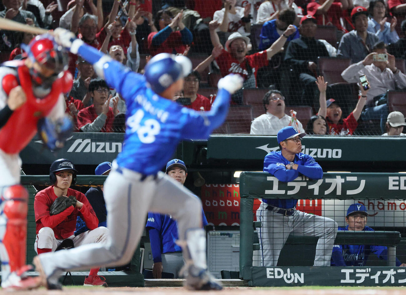 広島対DeNA 9回表DeNA2死、成瀬脩人の三振で試合終了。ベンチのDeNA相川亮二監督（撮影・加藤孝規）
