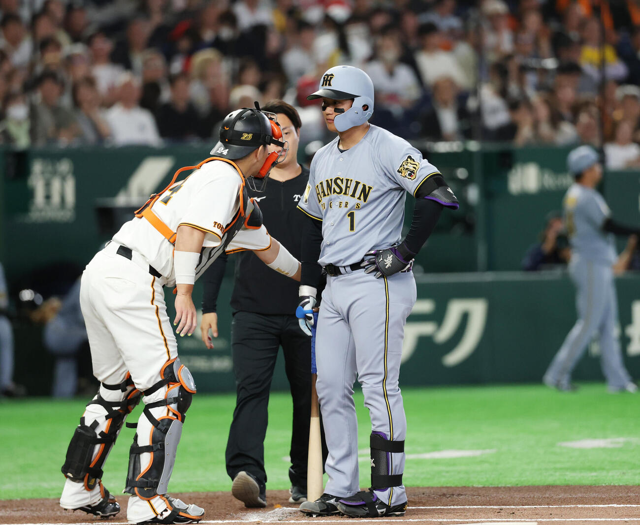巨人対阪神　1回表阪神2死、死球を受け大城卓三（左）に声をかけられる森下翔太（撮影・増田悦実）