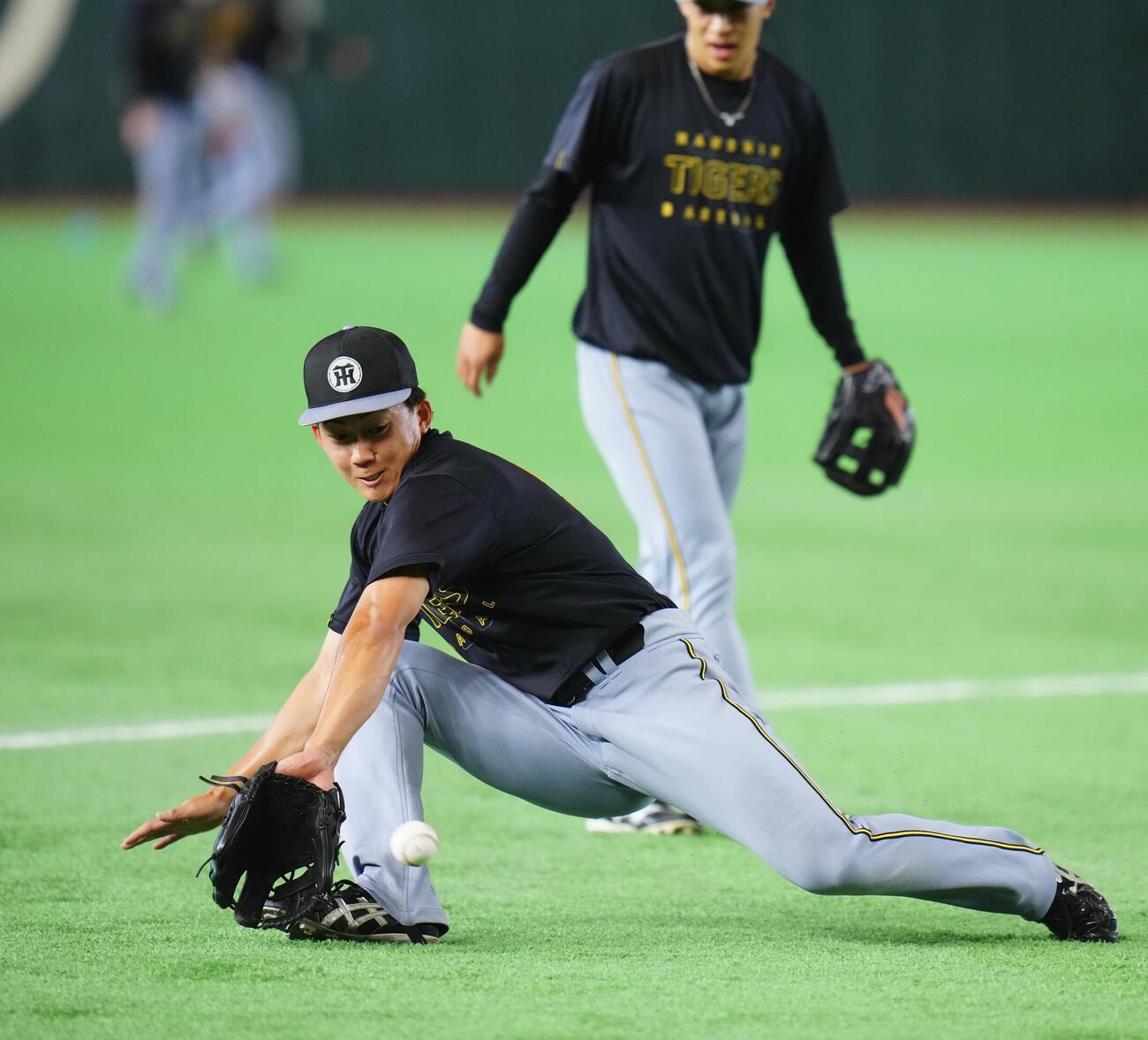 巨人対阪神　試合前、三塁でノックを受ける立石正広（撮影・垰建太）＝2026年5月24日