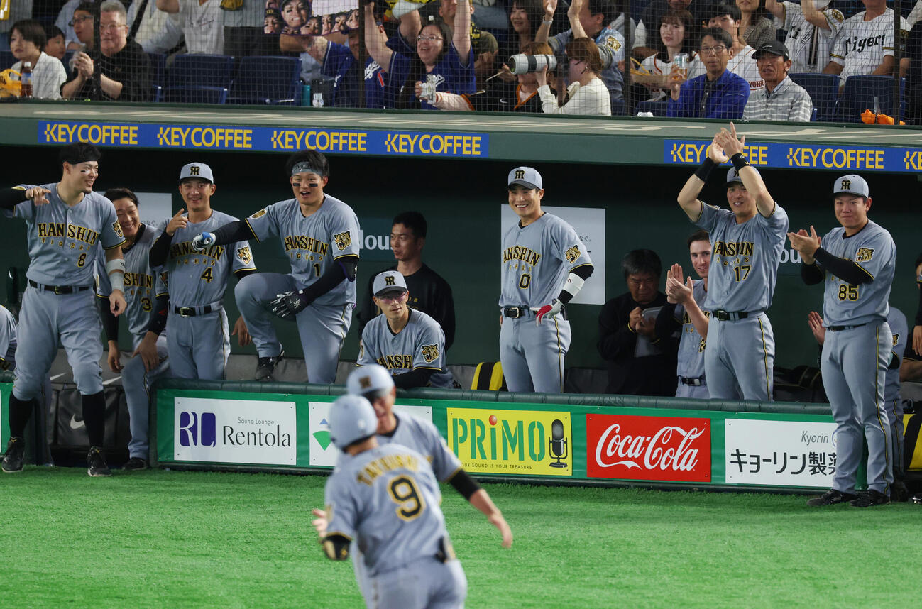巨人対阪神　5回表阪神2死一塁、2点本塁打を放った立石正広に喜ぶ阪神ナイン（撮影・増田悦実）