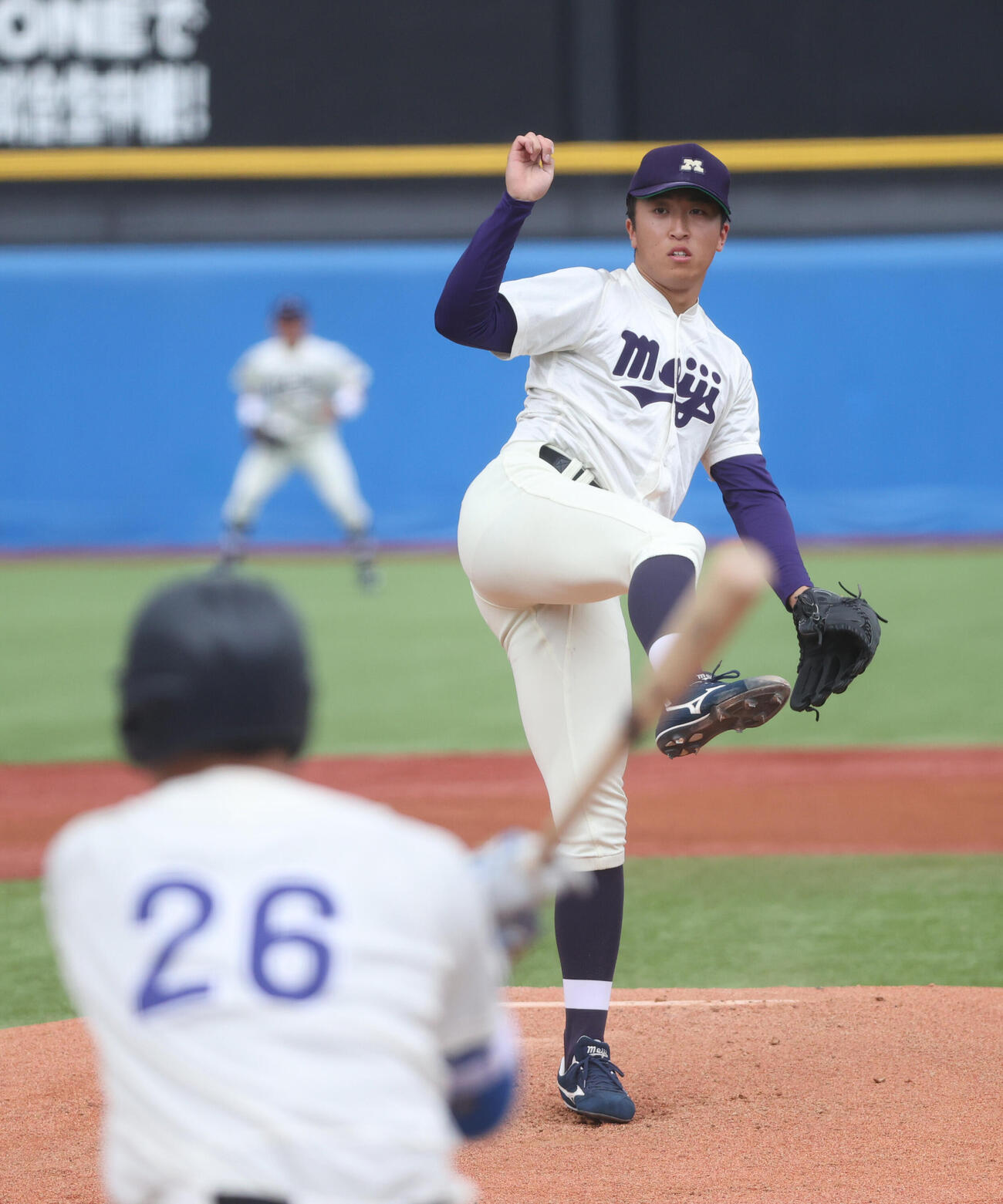 6大学野球　法大対明大　先発した明大・湯田統真（撮影・柴田隆二）（＝2026年5月24日）