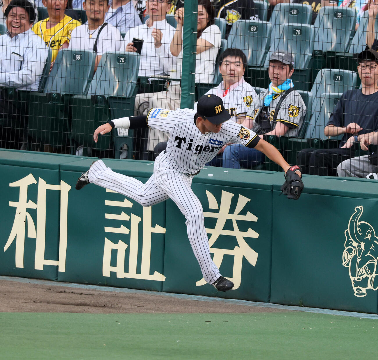 阪神対日本ハム　2回表日本ハム2死一、二塁、立石正広は細川凌平の邪飛をフェンス際で好捕する（撮影・加藤哉）