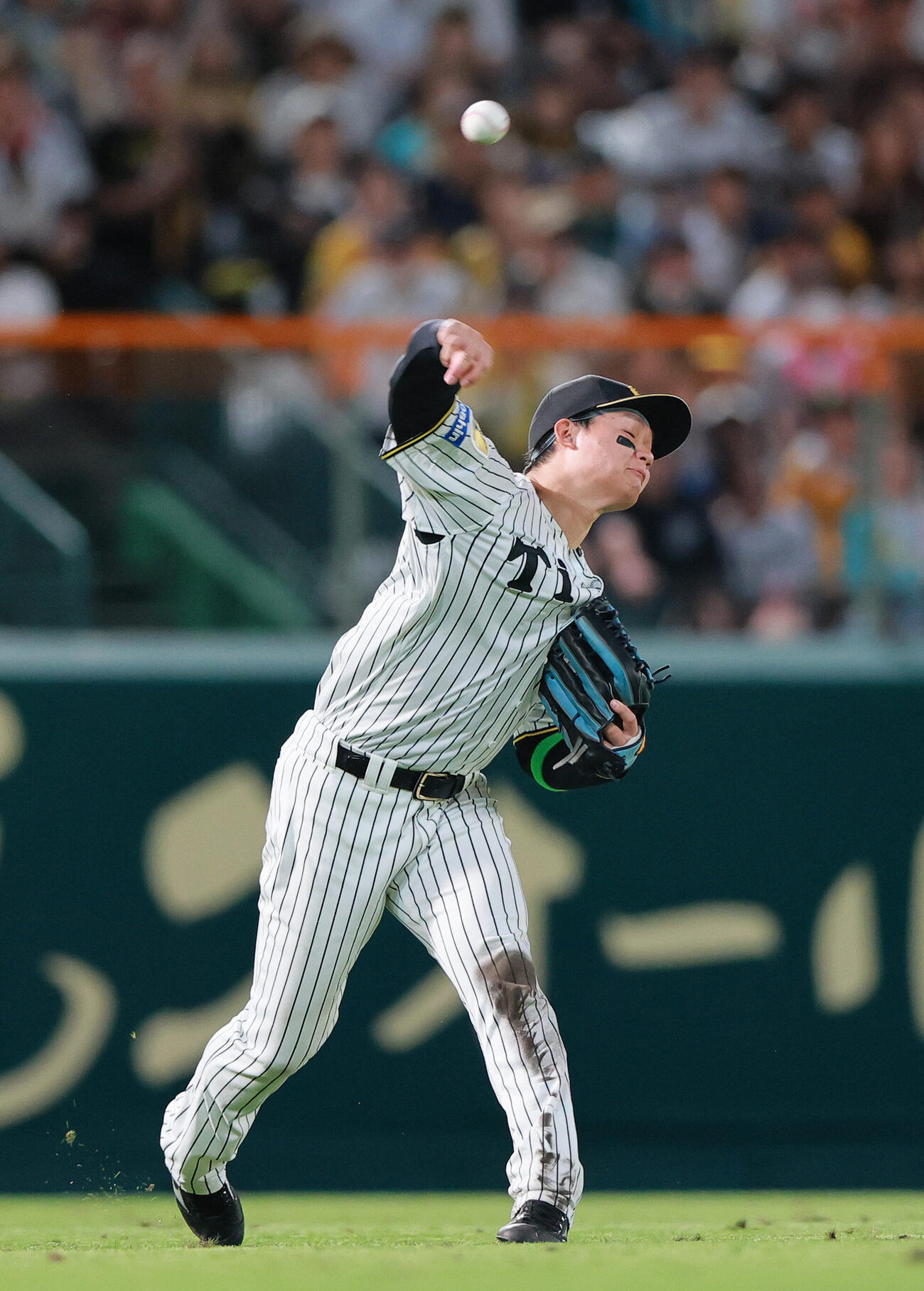 セ・パ交流戦　阪神対日本ハム1回戦　阪神対日本ハム　5回表日本ハム2死二塁、水野達稀の左前打でバックホームする森下翔太（撮影・上山淳一）＝2026年5月26日