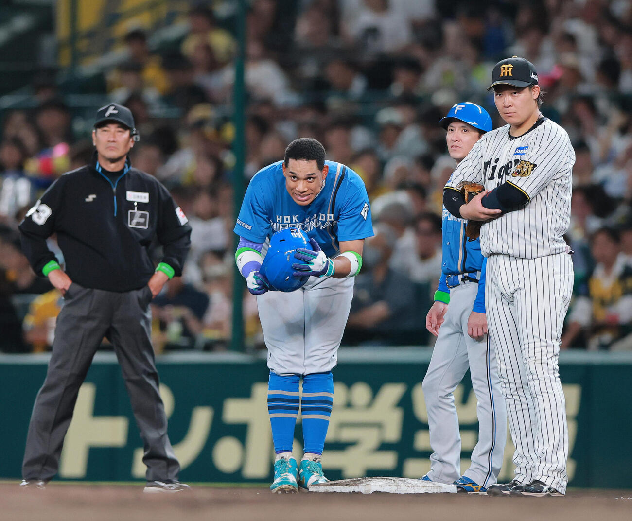 セ・パ交流戦　阪神対日本ハム1回戦　阪神対日本ハム　7回表日本ハム無死、投手強襲安打を放った万波中正（左から2人目）は投手工藤泰成にヘルメットを取って謝る（撮影・上山淳一）＝2026年5月26日