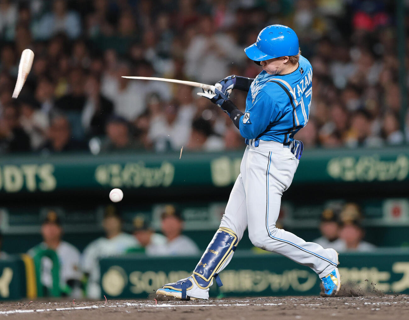 セ・パ交流戦　阪神対日本ハム1回戦　阪神対日本ハム　5回表日本ハム2死一、三塁、バットが折れる矢沢宏太（撮影・上山淳一）＝2026年5月26日
