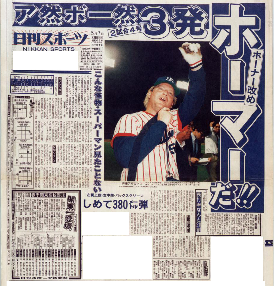 ホーナー氏が阪神池田から打った３本塁打を報じる1987年5月7日付の日刊スポーツ
