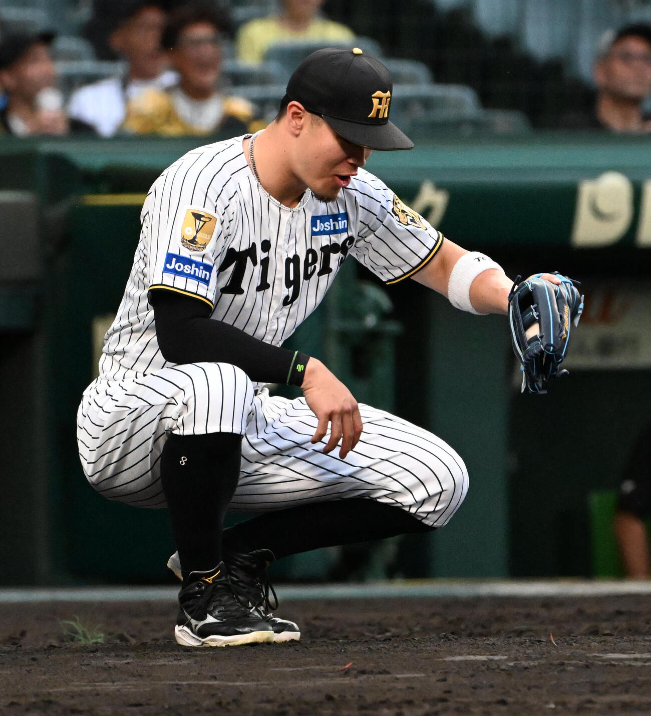 セ・パ交流戦・阪神対日本ハム2回戦　阪神対日本ハム　ファーストピッチセレモニーでパナソニックインパルス桑田理介のボールを受ける阪神佐藤輝明（撮影・石井愛子）＝2026年5月27日