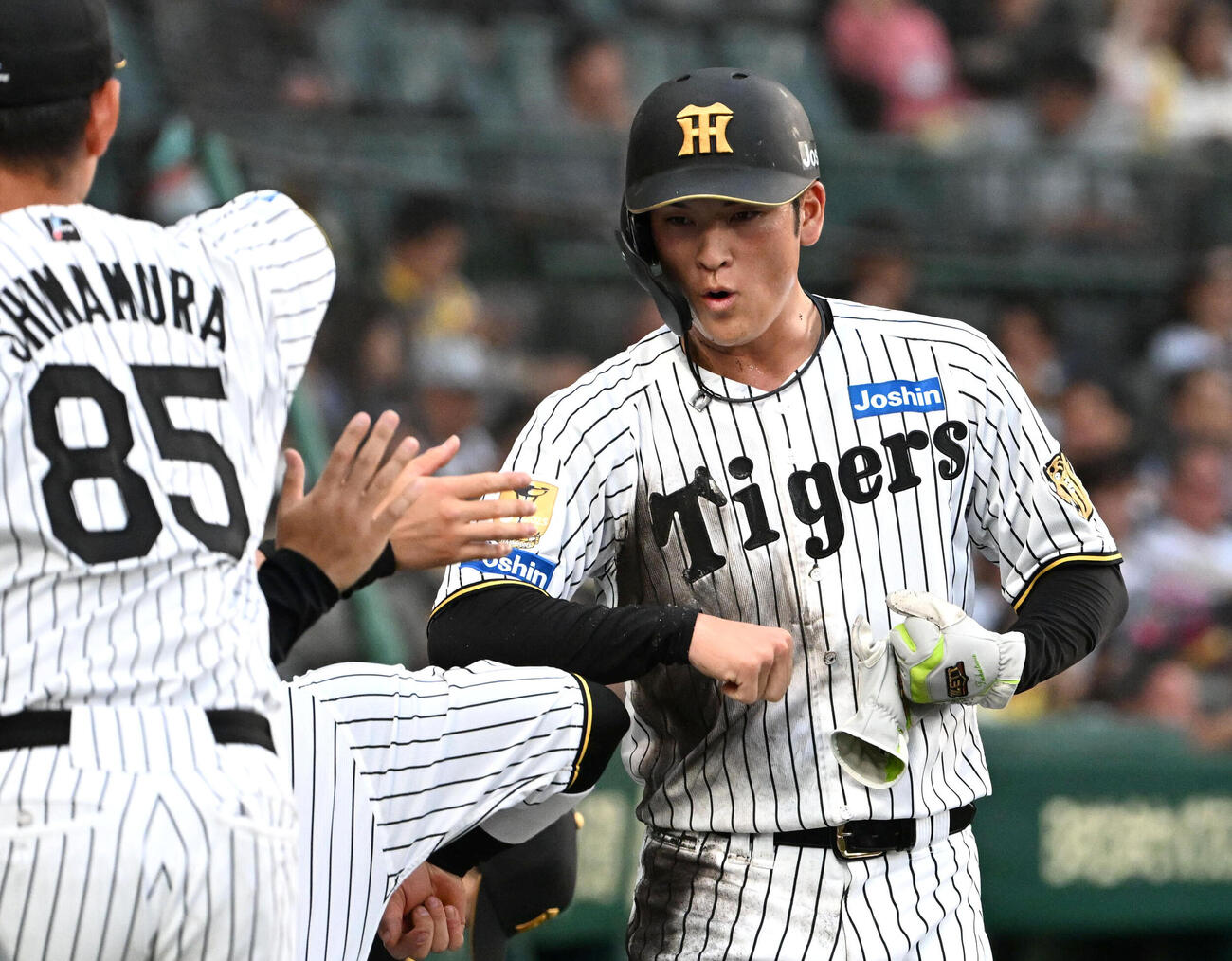 阪神対日本ハム　1回裏阪神2死一、二塁　大山悠輔の適時打で生還する高寺望夢（撮影・石井愛子）