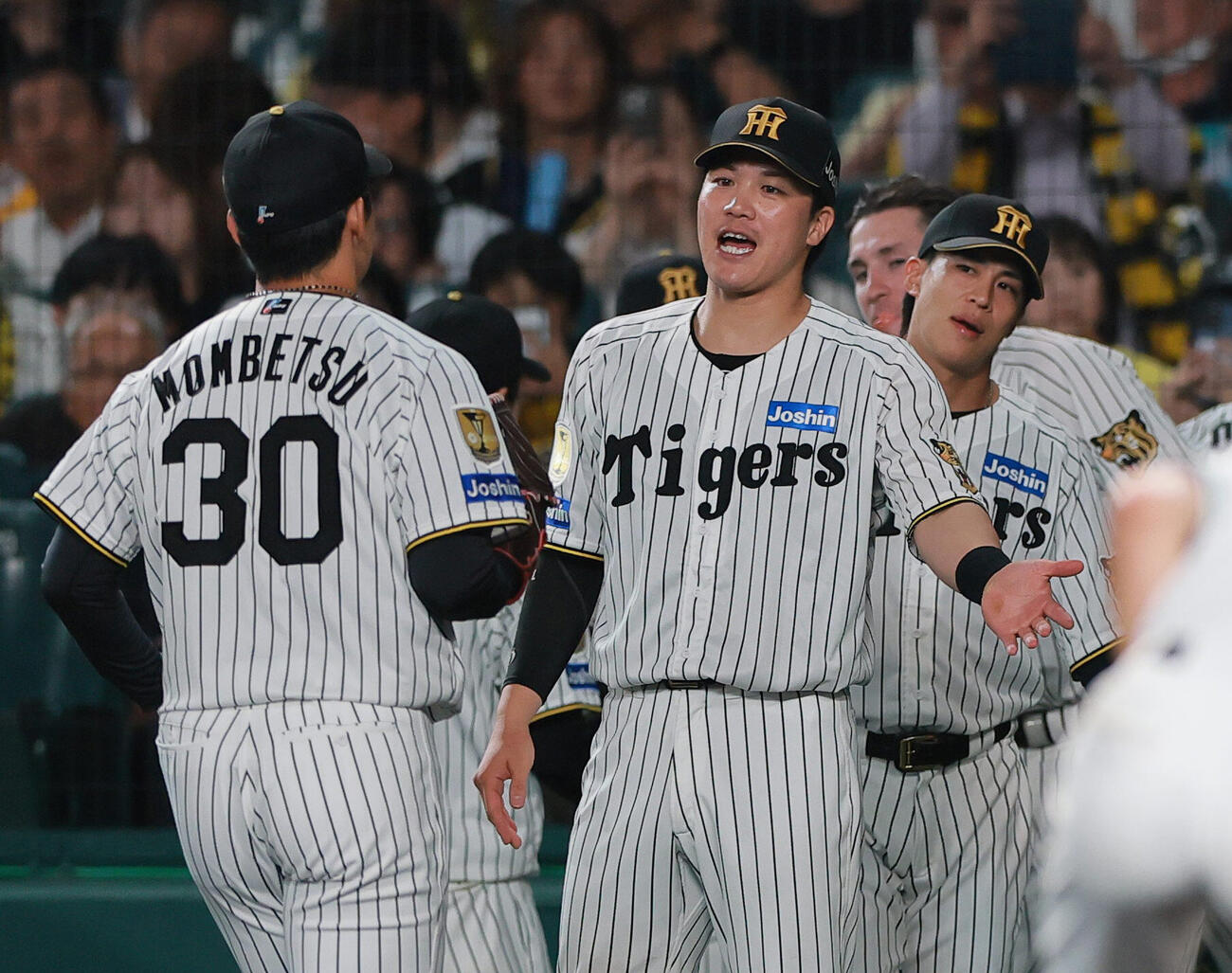 阪神対日本ハム　6回表日本ハム2死一塁、奈良間大己の投ゴロを好捕した門別啓人（手前）をベンチ前で出迎える伏見寅威（撮影・上山淳一）＝2026年5月28日