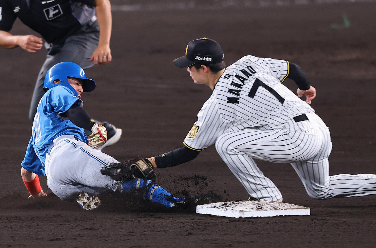 阪神対日本ハム　8回表日本ハム1死一塁、五十幡亮汰は二盗に失敗する（撮影・上田博志）
