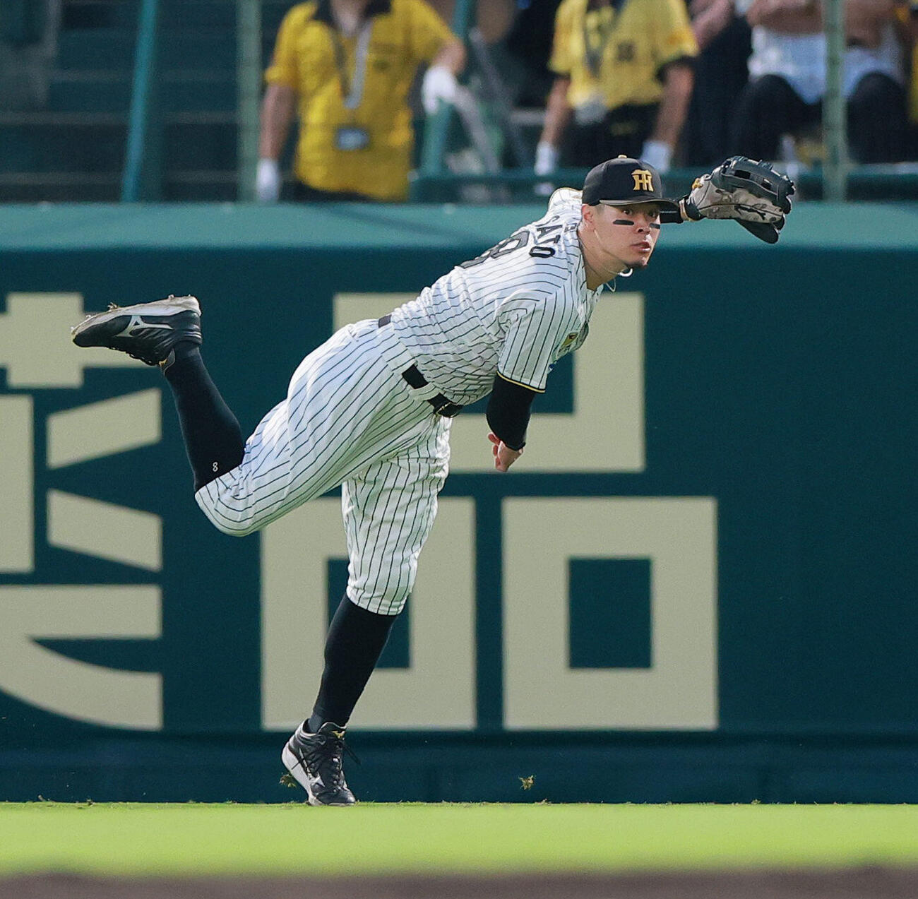 阪神対日本ハム　3回表日本ハム1死一、二塁、右翼手佐藤輝明はフランミル・レイエスを右飛に仕留め三塁へ好送球する（撮影・上山淳一）