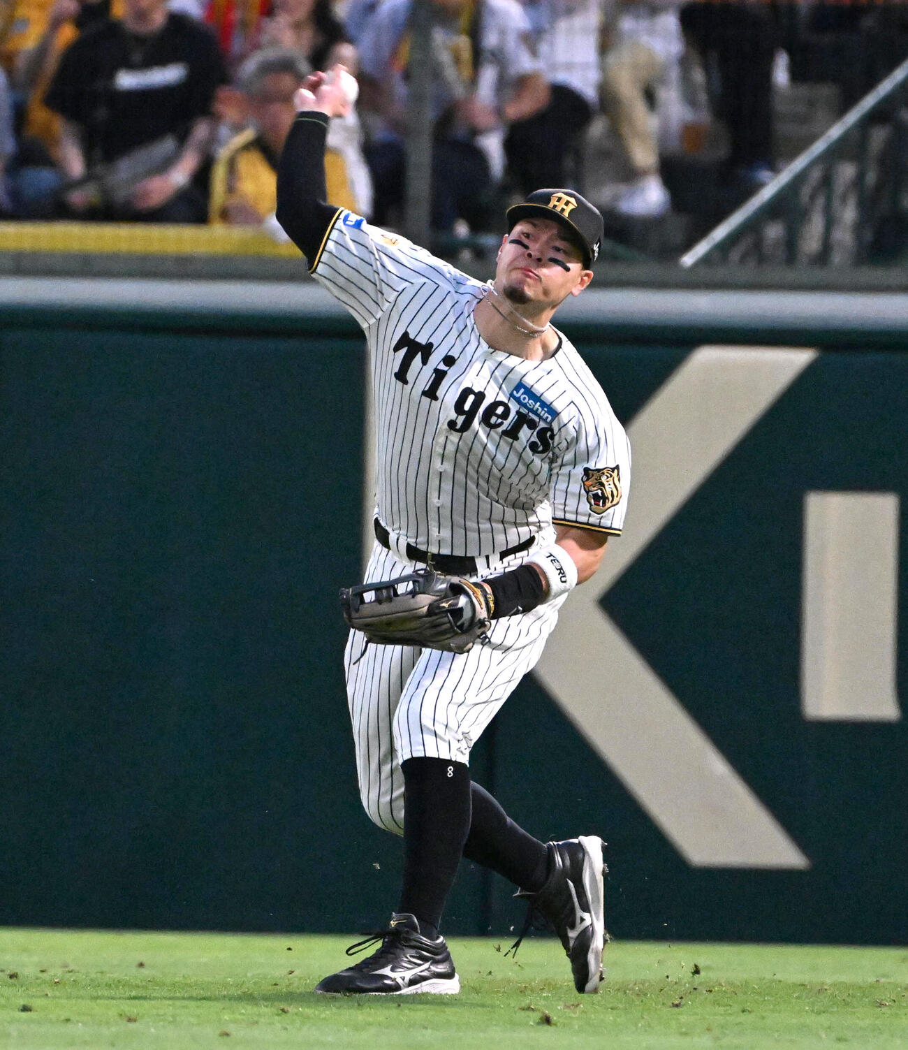阪神対日本ハム　3回表日本ハム1死一、二塁　フランミル・レイエスの打球を送球する阪神佐藤輝明（撮影・石井愛子）