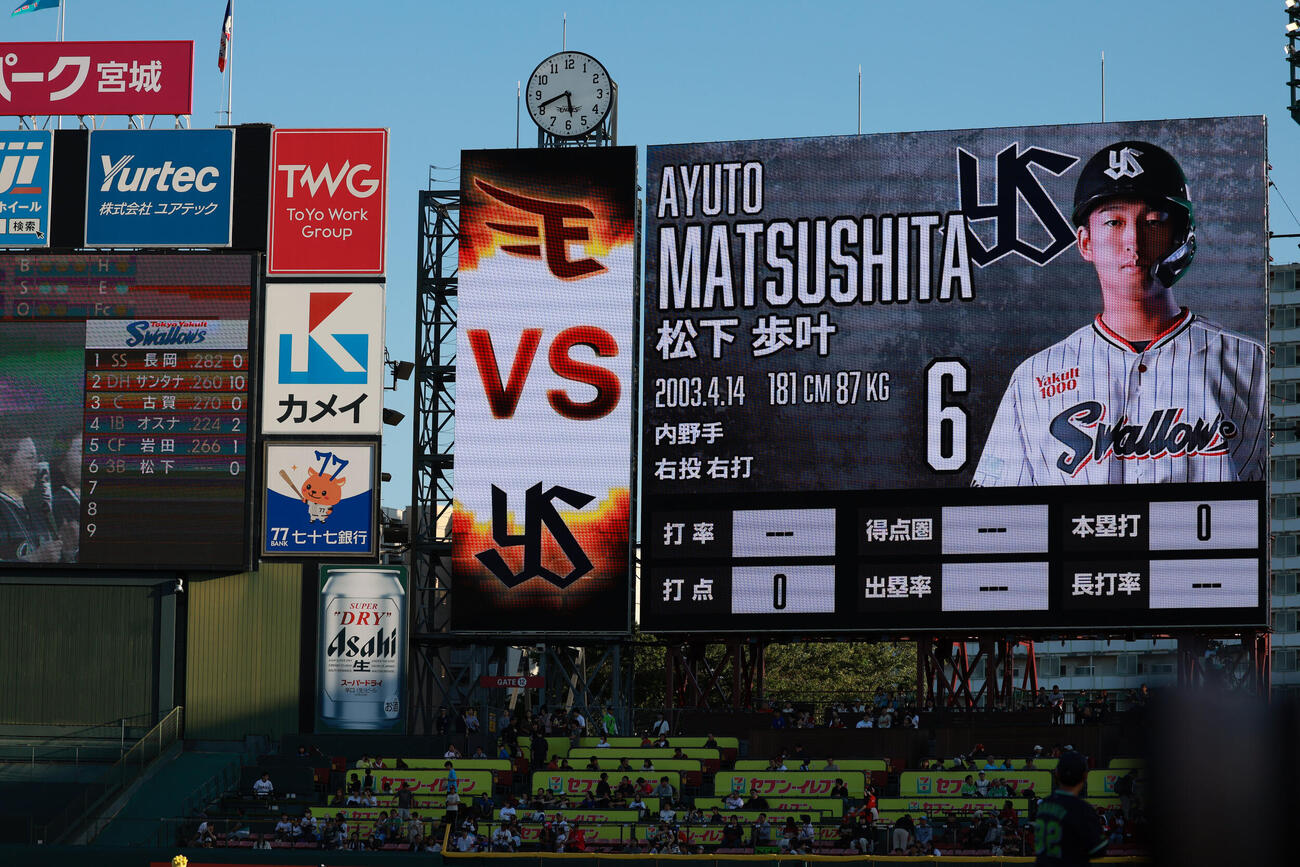 交流戦　楽天対ヤクルト　プロ初先発を果たしメンバー紹介されるヤクルト松下歩叶（撮影・水谷安孝）