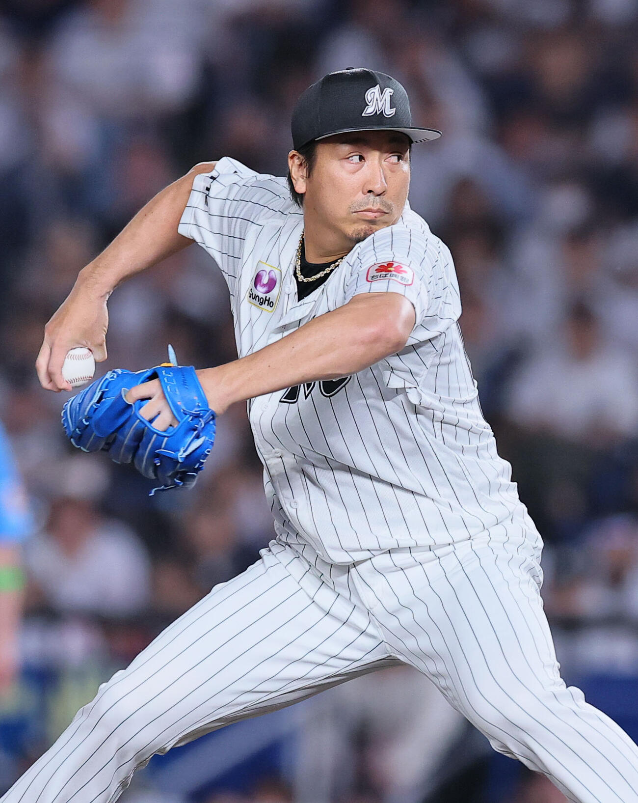 ロッテ対阪神　9回、3番手で登板したロッテ益田直也（撮影・藤尾明華）ZOZOマリンスタジアム