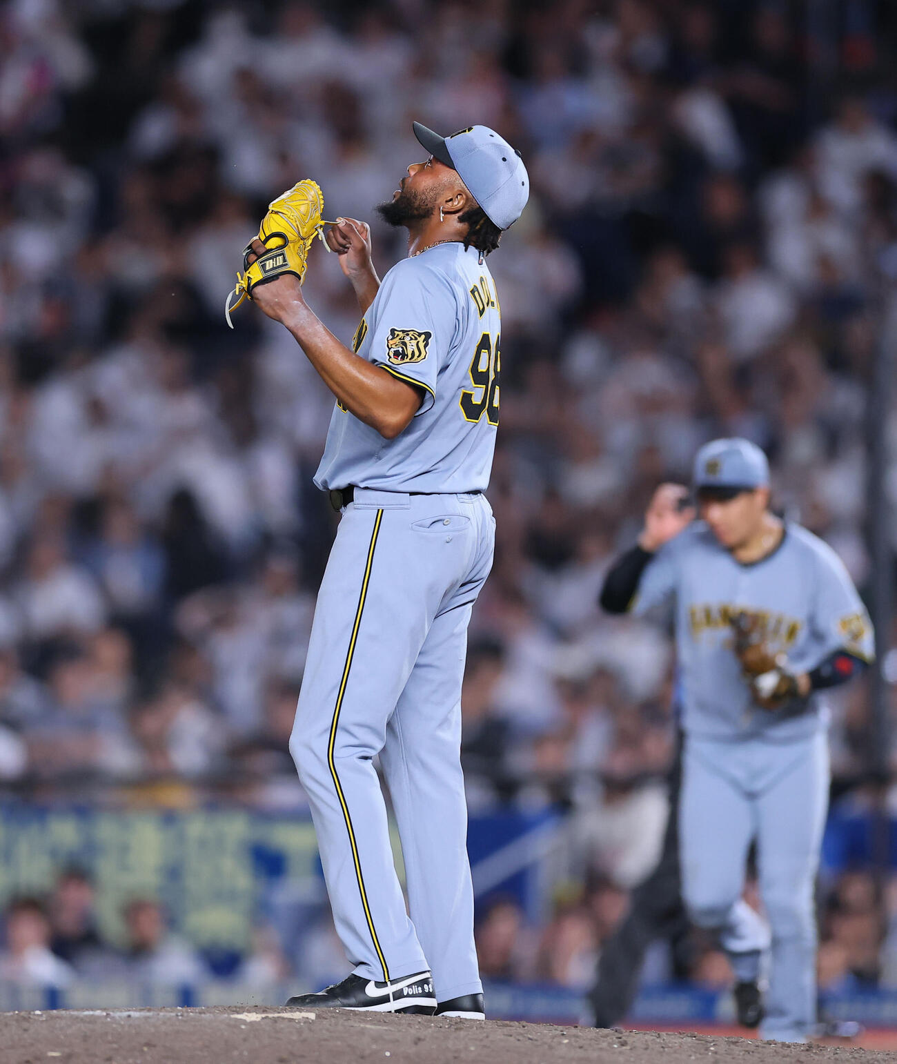 ロッテ対阪　ロッテに勝利し、喜ぶ阪神ラファエル・ドリス（撮影・藤尾明華）＝2026年5月29日、ZOZOマリンスタジアム