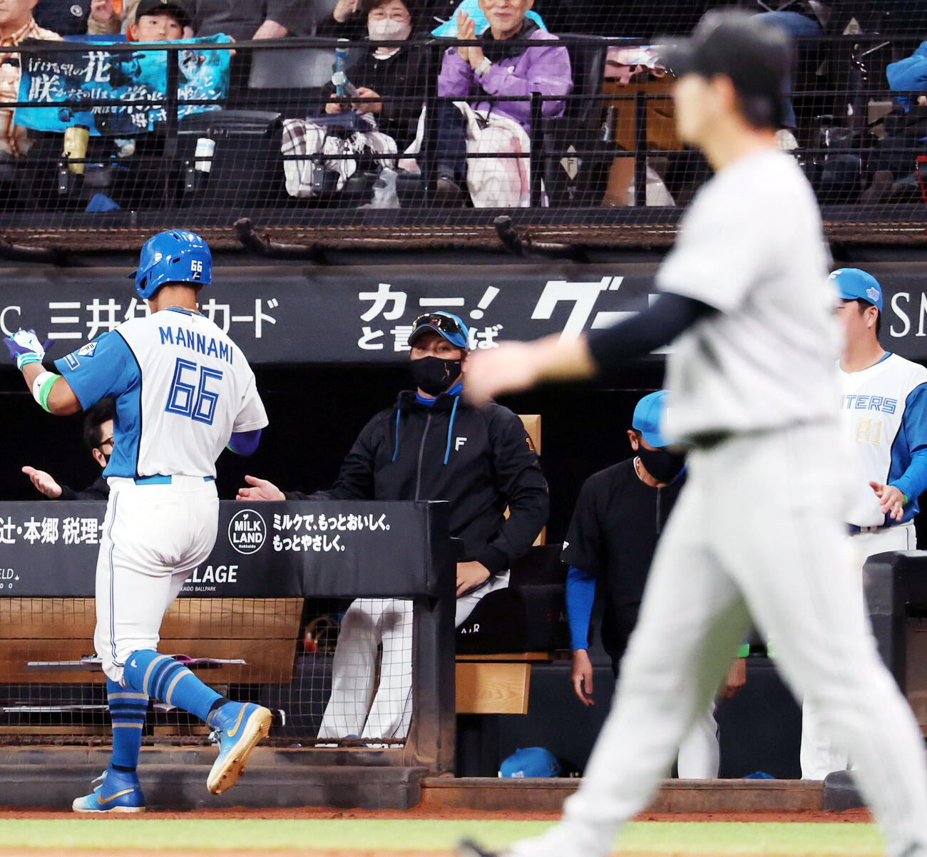 日本ハム対巨人　2回裏日本ハム1死二塁、野村佑希の適時打で生還した万波中正を迎える新庄剛志監督（中央）。手前は井上温大（撮影・浅見桂子）