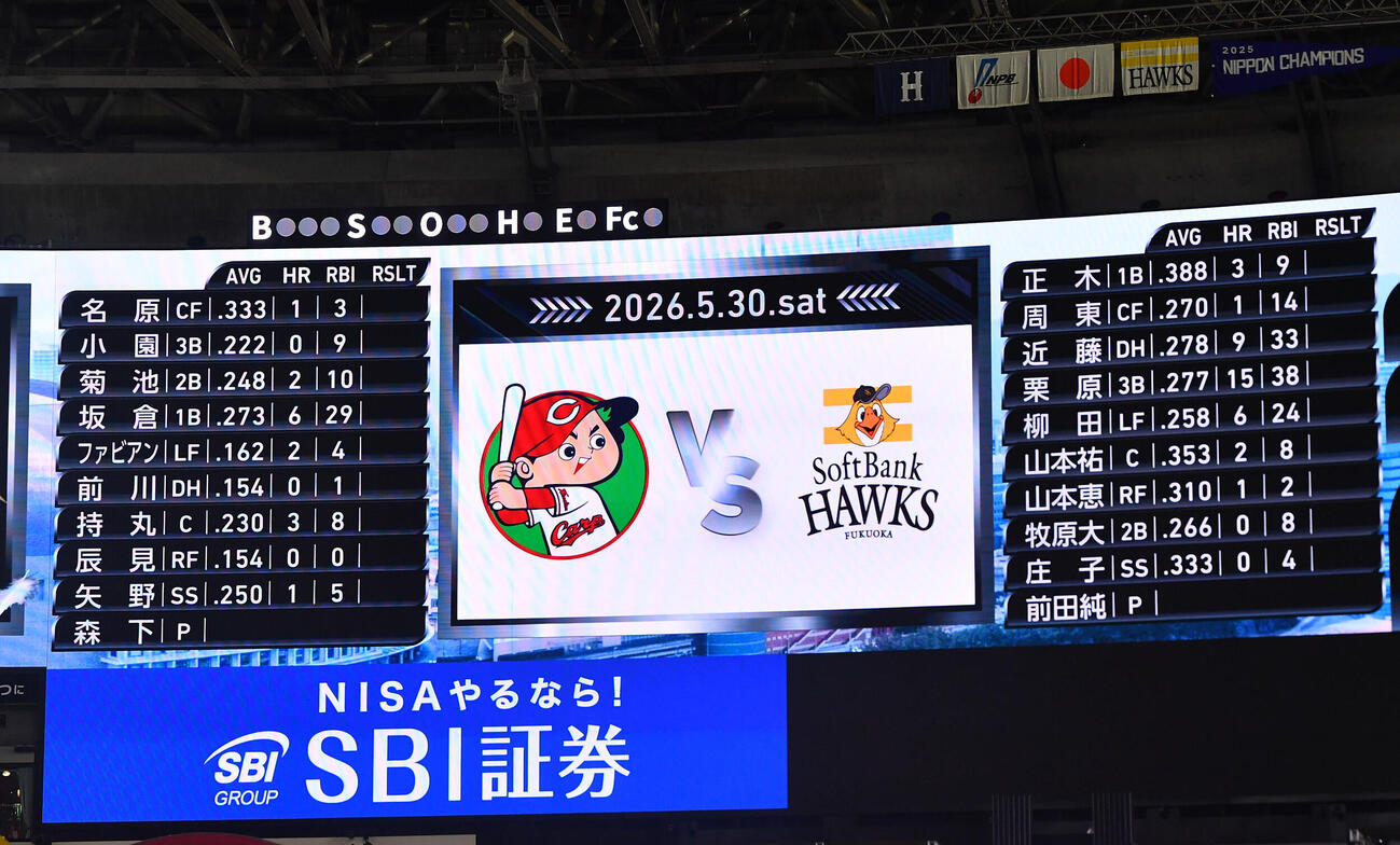 ソフトバンク対広島2回戦の先発メンバー（撮影・岩下翔太）