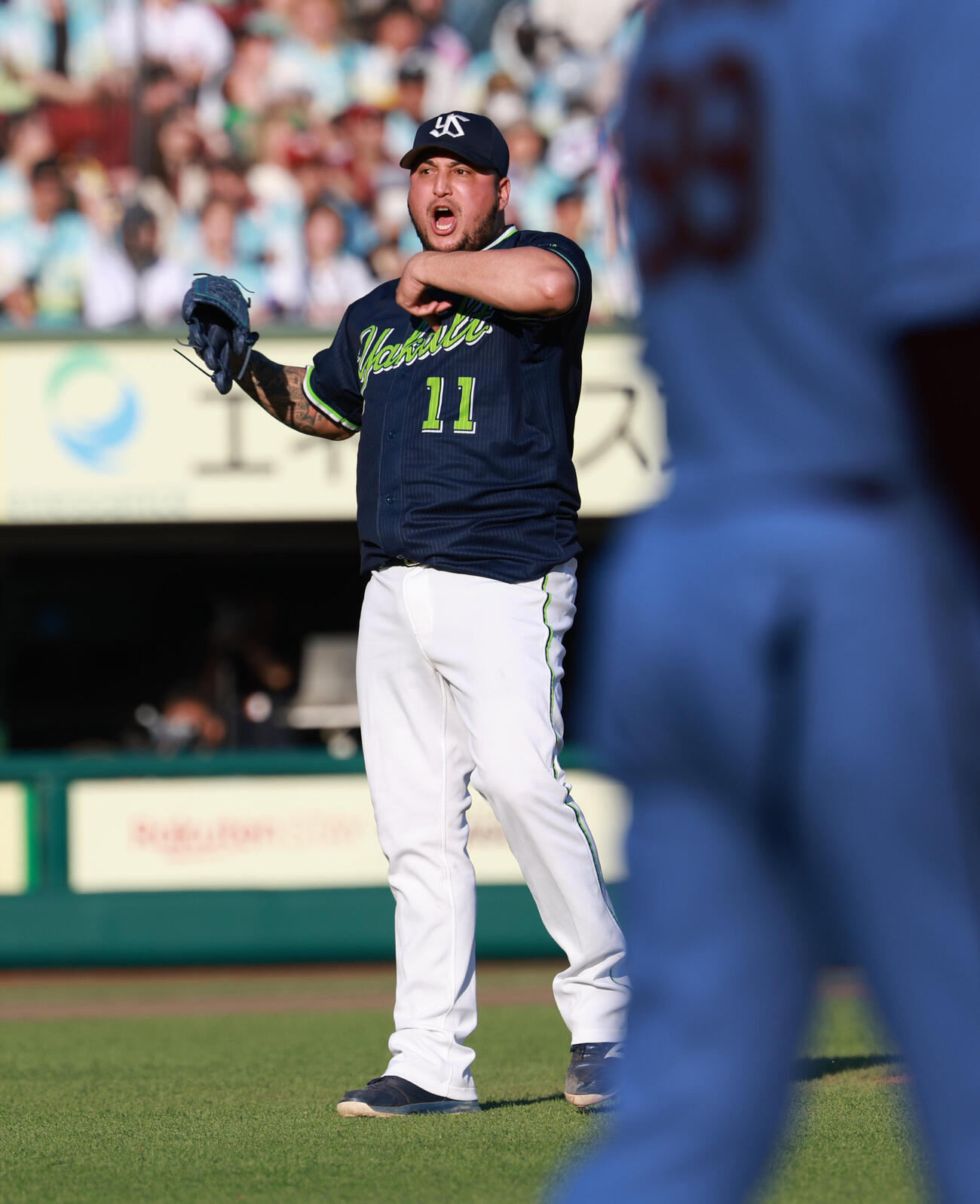 交流戦　楽天対ヤクルト　9回裏楽天2死満塁、辰己涼介から三振を奪い雄叫びを上げるホセ・キハダ（撮影・水谷安孝）＝2026年5月30日