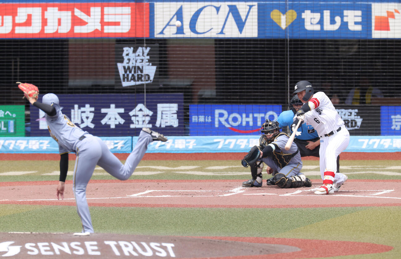 1回裏ロッテ1死、右飛に倒れる西川史礁。投手才木浩人（撮影・河田真司）