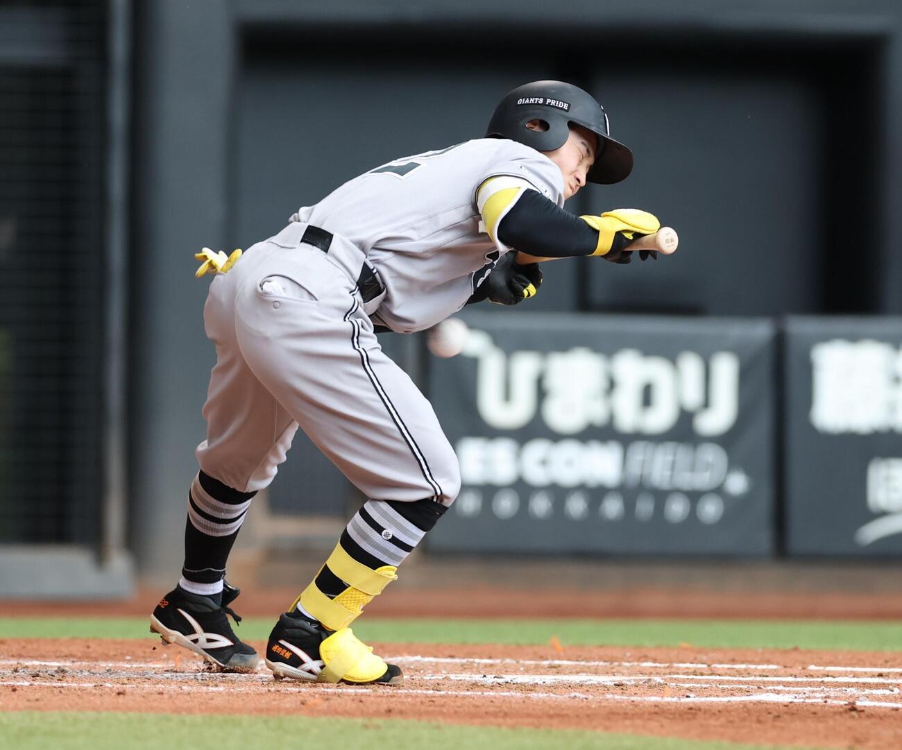 日本ハム対巨人　3回表巨人1死二塁、死球を受ける浦田俊輔（撮影・黒川智章）