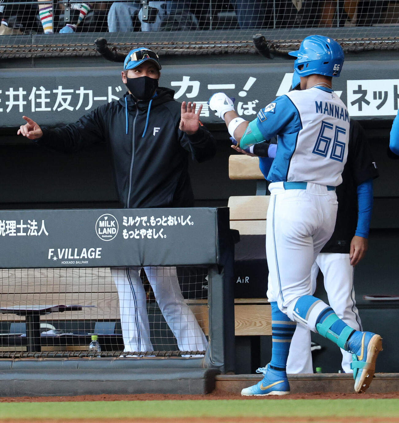 日本ハム対巨人　7回裏日本ハム無死、万波中正（手前）がソロ本塁打を放ち、笑顔で迎える新庄剛志監督（撮影・浅見桂子）＝2026年5月31日