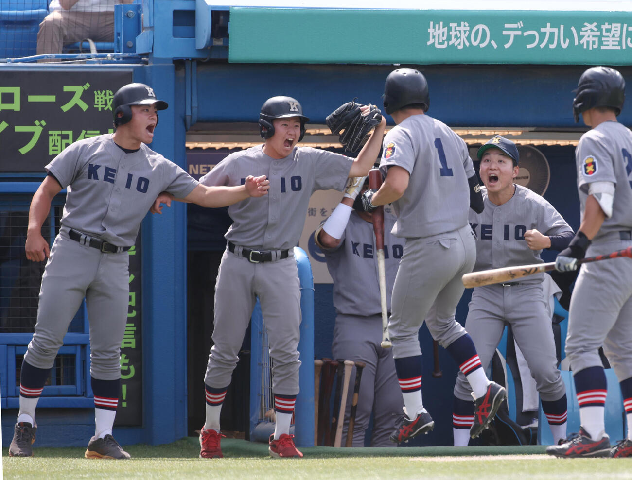 6大学野球　早大対慶大　6回裏慶大無死、小原大和は本塁打を放ちナインの出迎えを受ける（撮影・柴田隆二）
