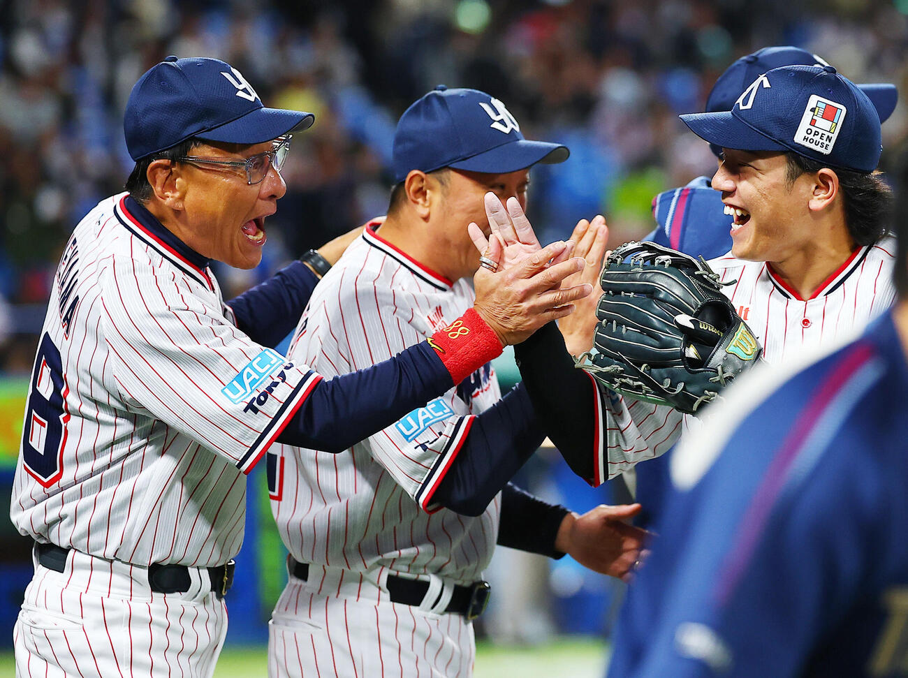 ヤクルト対ロッテ　勝利し喜ぶヤクルト池山隆寛監督（左）と増田珠（撮影・野上伸悟）＝2026年6月3日