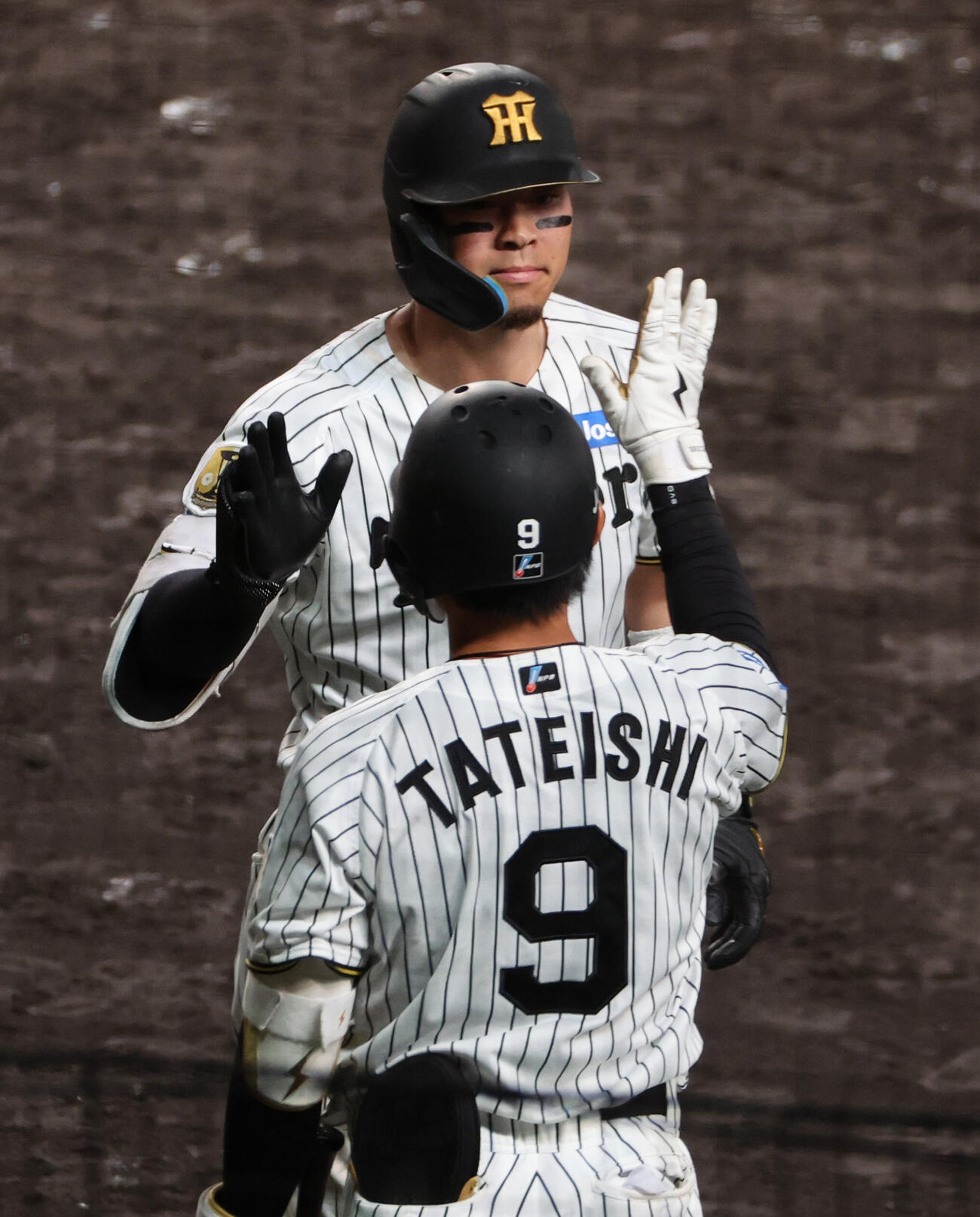 阪神対西武　9回裏阪神無死三塁、佐藤輝明は本塁打を放ち生還し立石正広とハイタッチ（撮影・西尾就之）