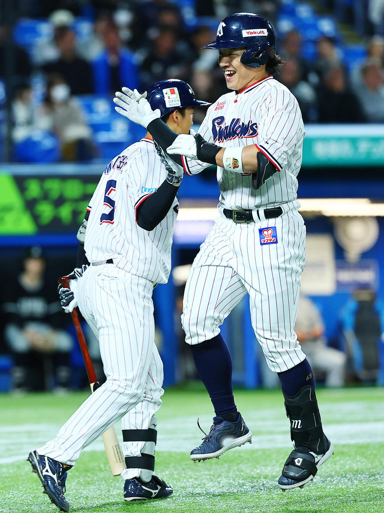ヤクルト対ロッテ　6回裏ヤクルト無死、先制本塁打を放ち喜ぶ増田珠（撮影・野上伸悟）