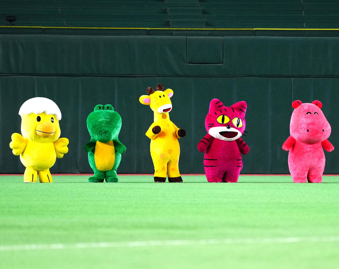巨人対オリックス　試合前、東京ドームに来場した「たべっ子どうぶつ」のキャラクターたち（撮影・江口和貴）