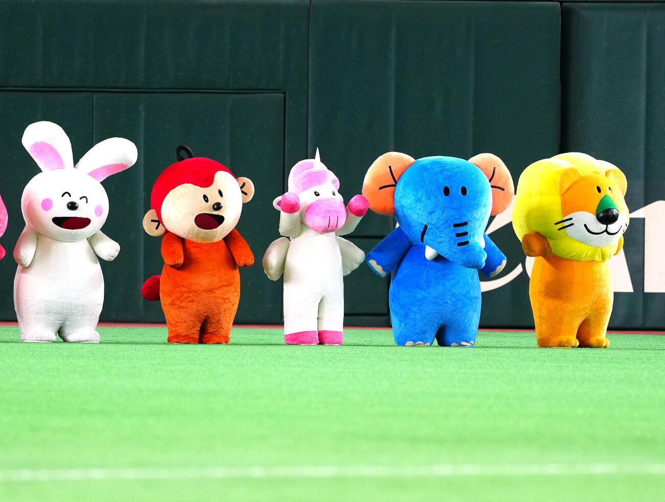 巨人対オリックス　試合前、東京ドームに来場した「たべっ子どうぶつ」のキャラクターたち（撮影・江口和貴）