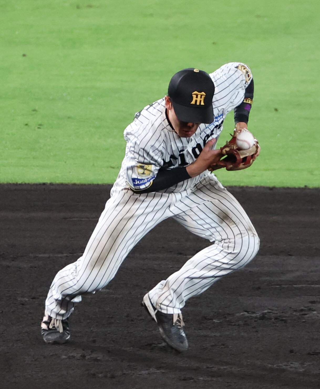 西武長谷川の打球を取り損ねる阪神小幡竜平（2026年6月撮影）