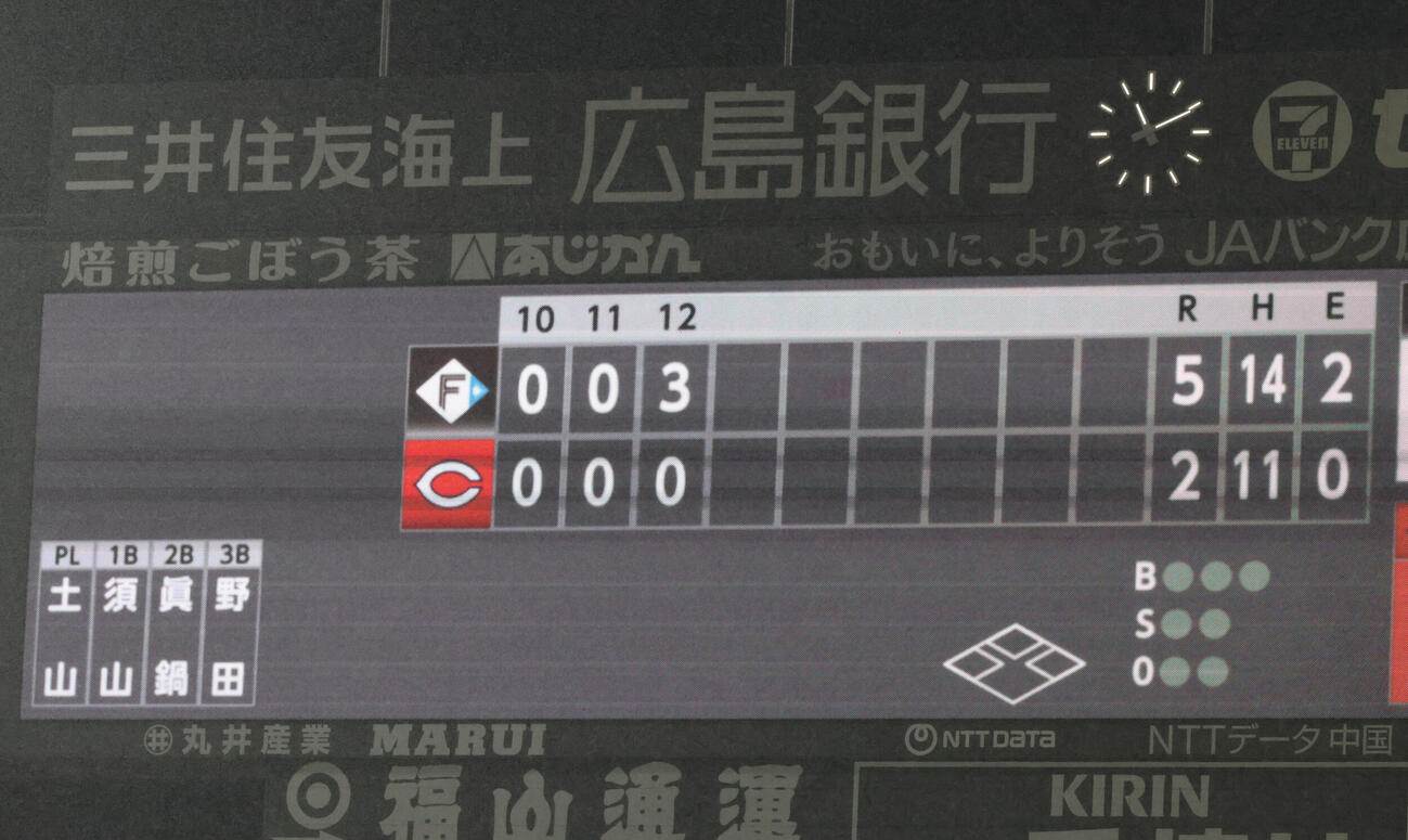 広島対日本ハム　延長12回のスコアボード（撮影・加藤孝規）