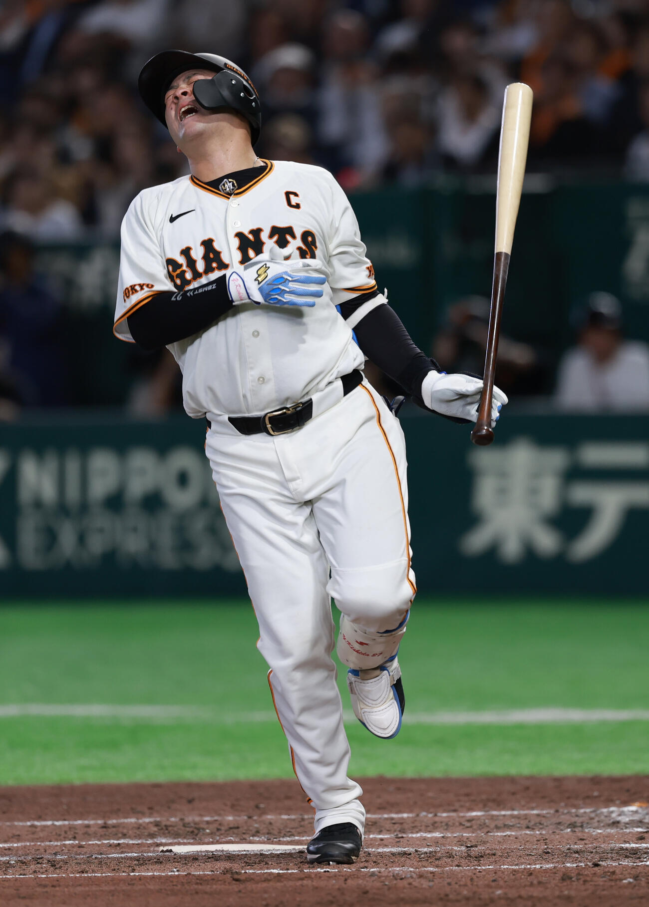 巨人対ロッテ　5回裏巨人無死、死球を受け悶絶する岸田行倫（撮影・水谷安孝）
