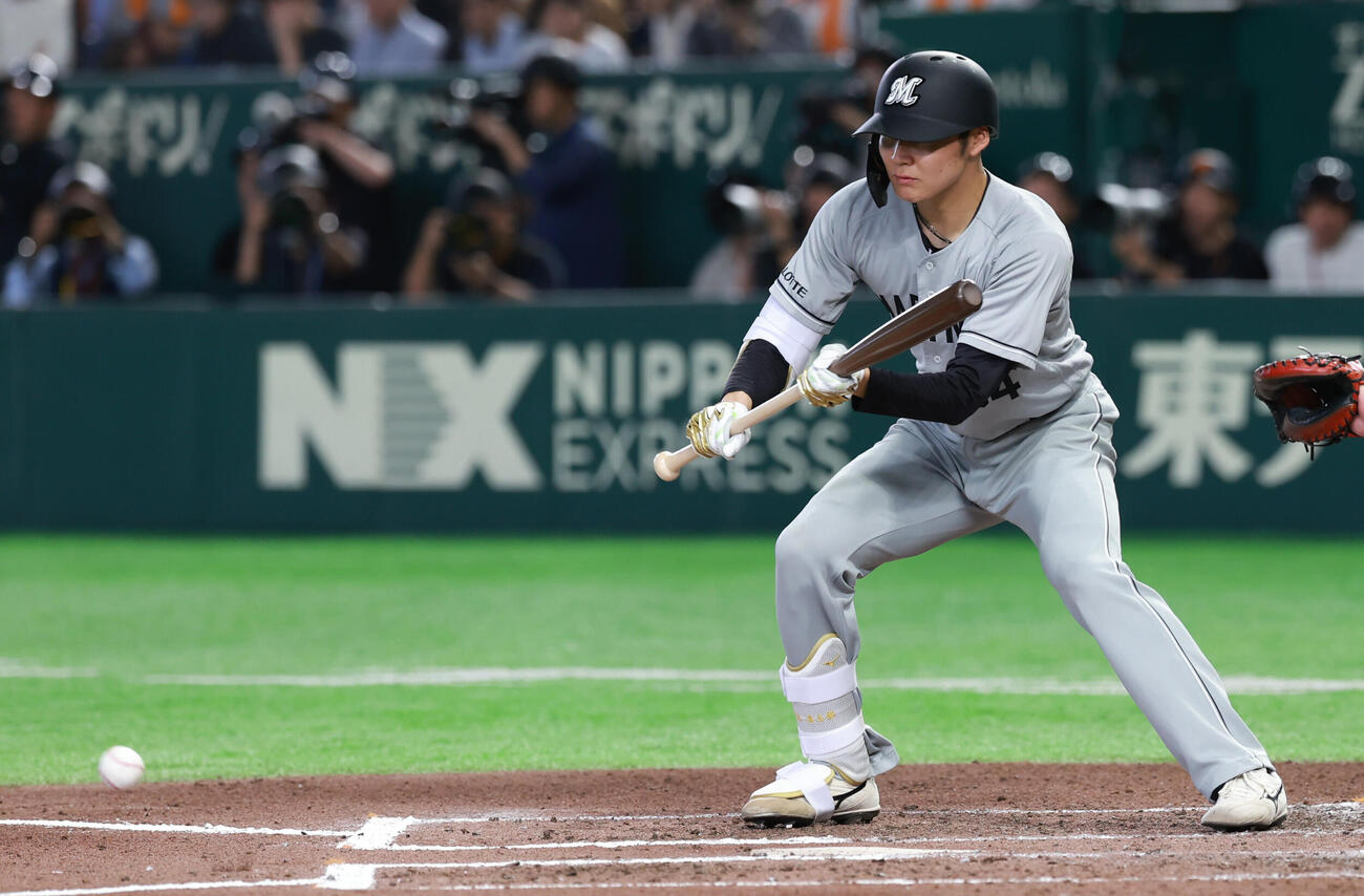 巨人対ロッテ　6回表ロッテ無死一、二塁、犠打を決める広池康志郎（撮影・水谷安孝）