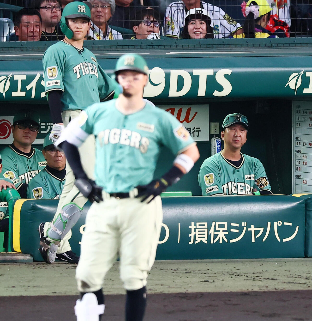 阪神対楽天　4回裏阪神無死一塁、右飛を打ち上げた佐藤輝明（左）の後方で目をつぶる藤川球児監督（撮影・加藤哉）