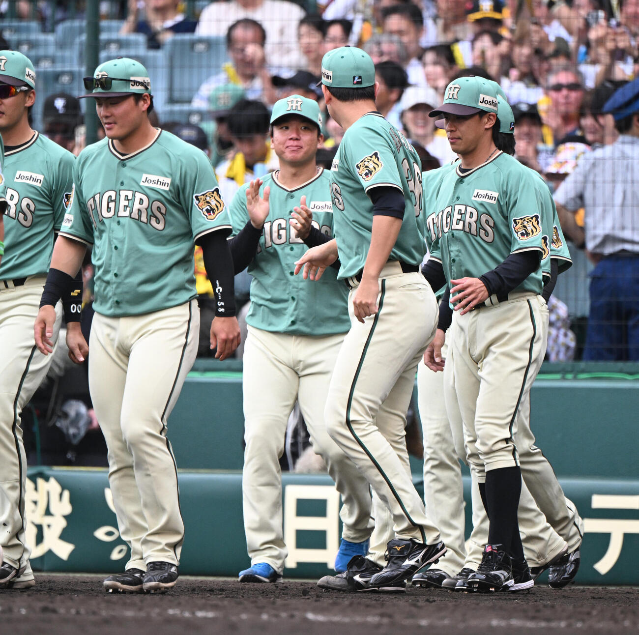 阪神対楽天　6回を無失点とし勝ち投手となった村上頌樹は拍手をしながらナインを迎える（撮影・和賀正仁）
