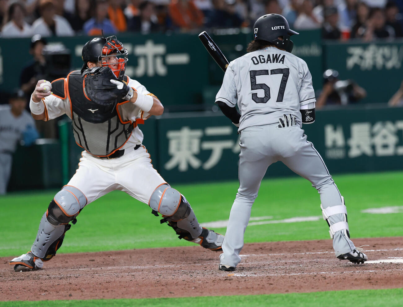 交流戦　巨人対ロッテ　9回表ロッテ2死一塁、友杉篤輝の盗塁を阻止する泉口友汰（撮影・水谷安孝）