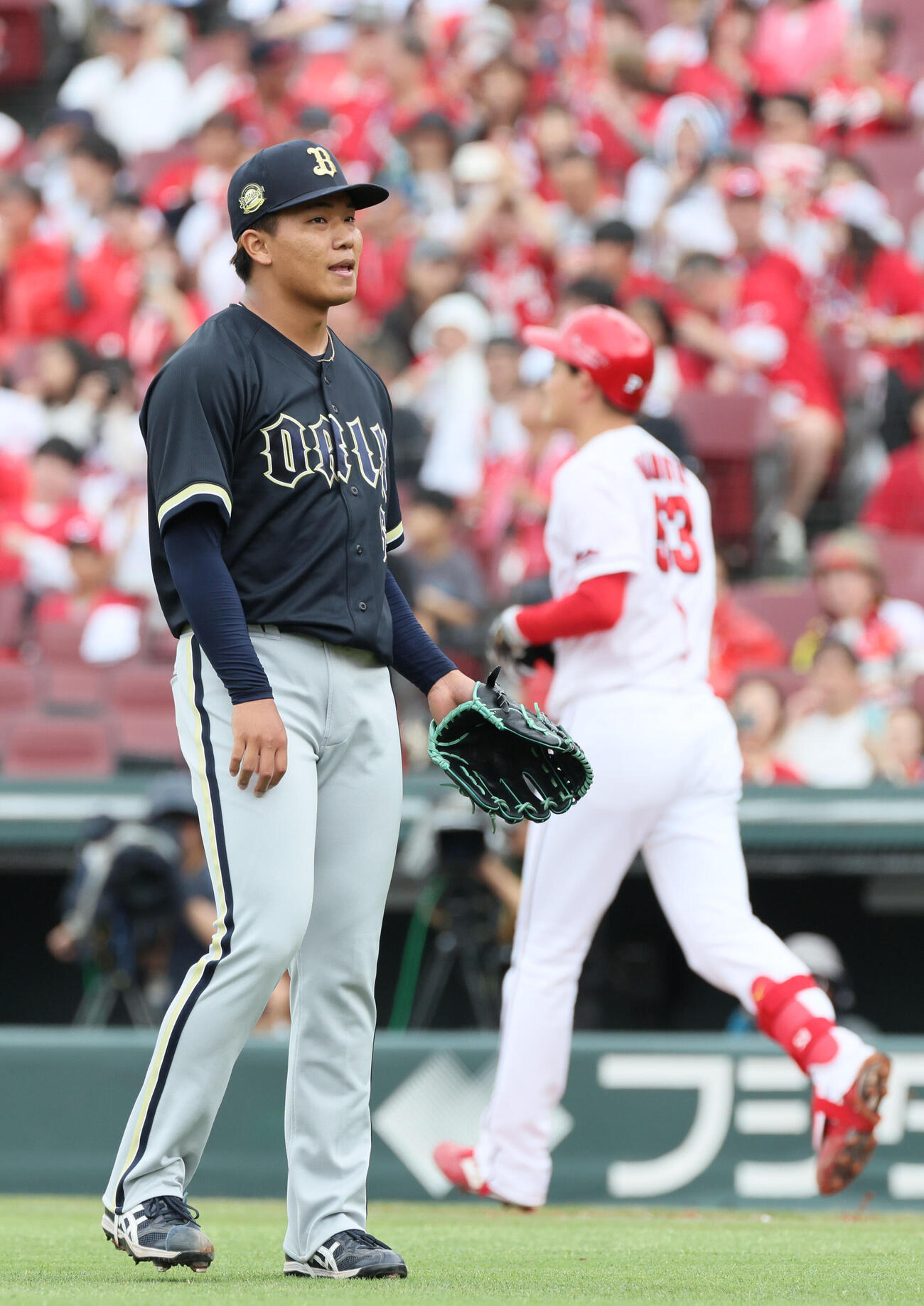 広島対オリックス　2回裏広島2死満塁、岡本駿に押し出し四球の宮国凌空（撮影・加藤孝規）