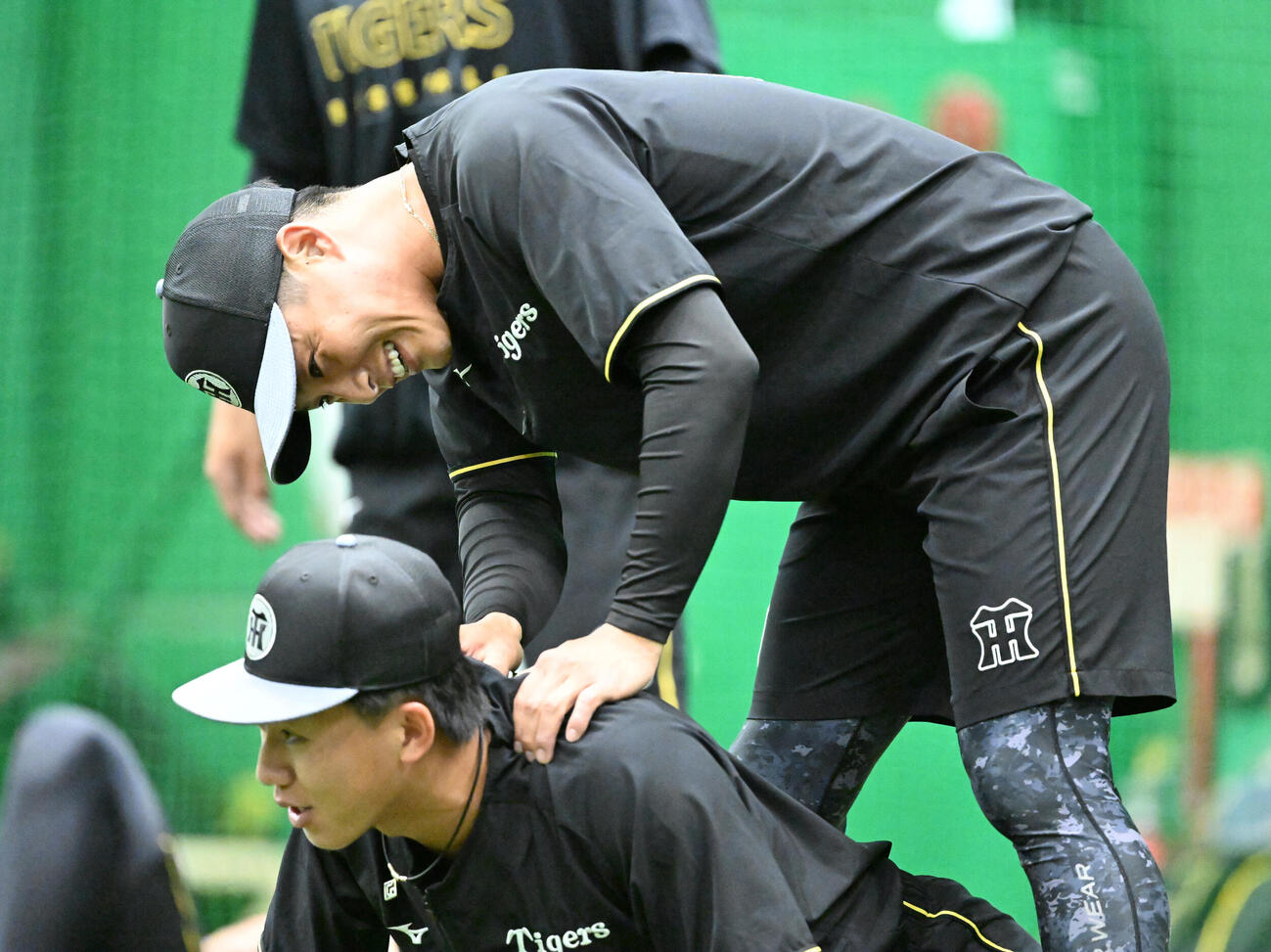 阪神練習　木浪聖也に肩をもまれる阪神立石正広（撮影・和賀正仁）