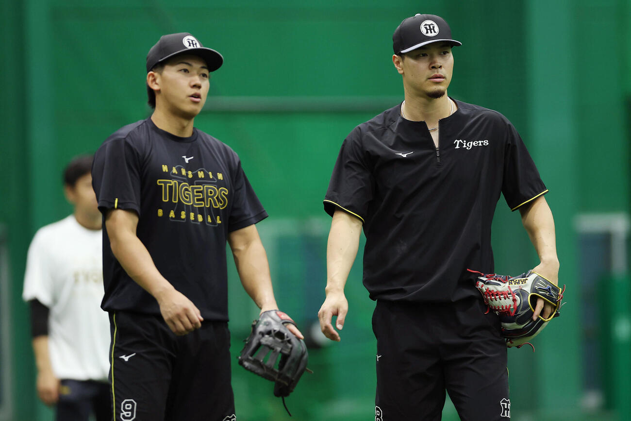 ノックを受ける阪神佐藤輝明（右）と立石正広（撮影・前田充）＝2026年6月8日