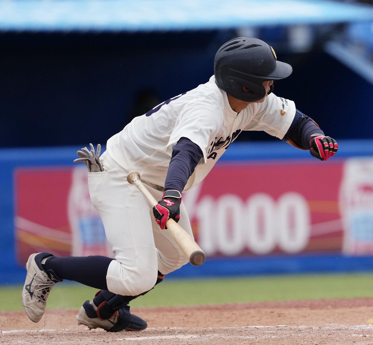全日本大学野球選手権大会　九産大対大商大　8回裏大商大無死満塁、スクイズを成功させる石崎裕真（撮影・小島史椰）＝2026年6月8日