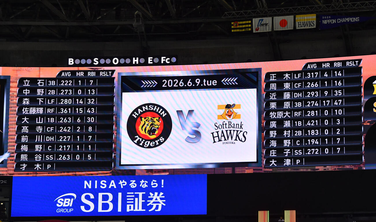 ソフトバンク対阪神1回戦の先発メンバー（撮影・岩下翔太）