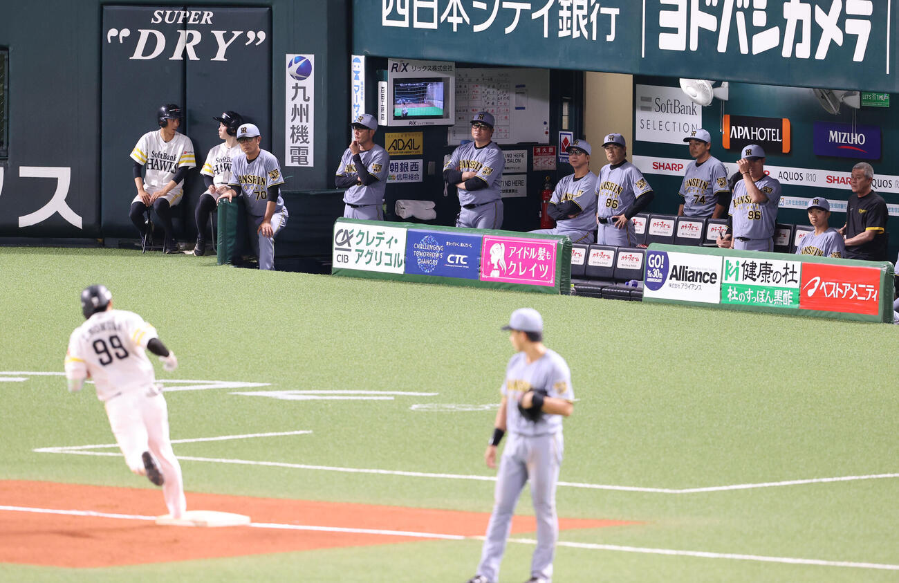 ソフトバンク対阪神　4回裏ソフトバンク1死、野村勇の左越え本塁打でガックリの阪神ナイン（撮影・梅根麻紀）