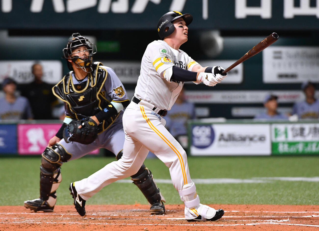 ソフトバンク対阪神　3回裏ソフトバンク2死一塁、栗原陵矢は2打席連続の右越え2点本塁打を放つ（撮影・岩下翔太）