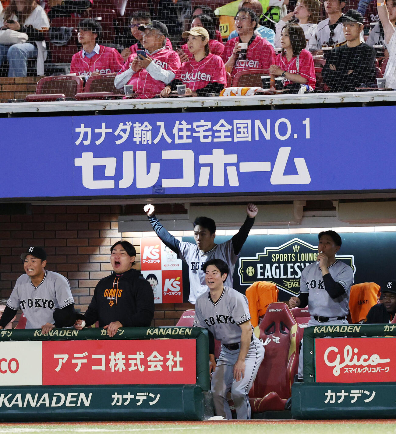 楽天対巨人　7回表巨人無死、岸田行倫がソロ本塁打を放ち、ベンチでガッツポーズする則本昂大（撮影・浅見桂子）＝2026年6月9日