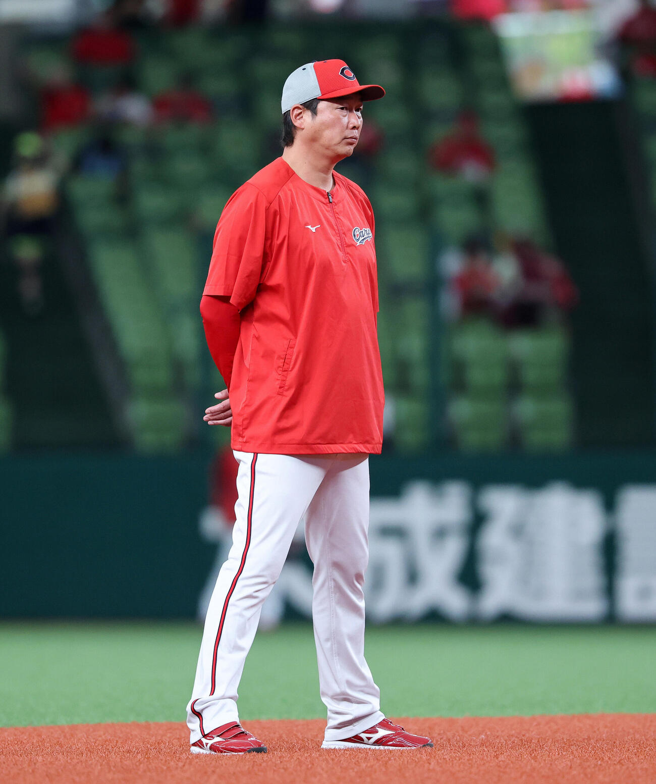 西武対広島　練習を見つめる広島新井貴浩監督（撮影・鈴木正人）