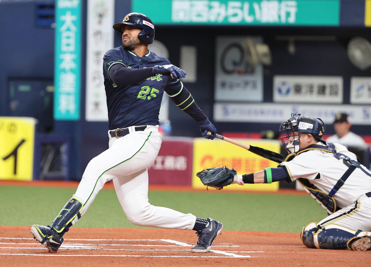 オリックス対ヤクルト　6回表ヤクルト無死二塁、ドミンゴ・サンタナがファールを打った際にバットが若月健矢捕手の左腕に当たる（撮影・西尾就之）