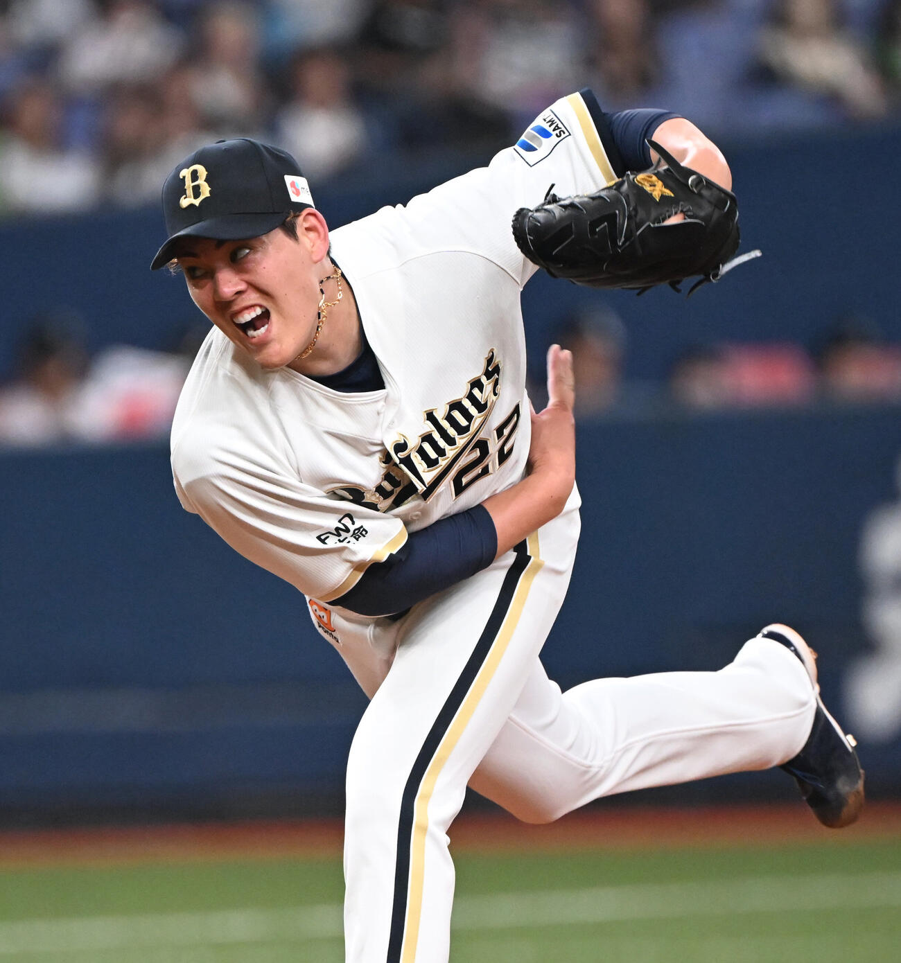 オリックス対ヤクルト　3回表2死一、三塁、ピンチに声をあげて投げ込む九里亜蓮（撮影・和賀正仁）