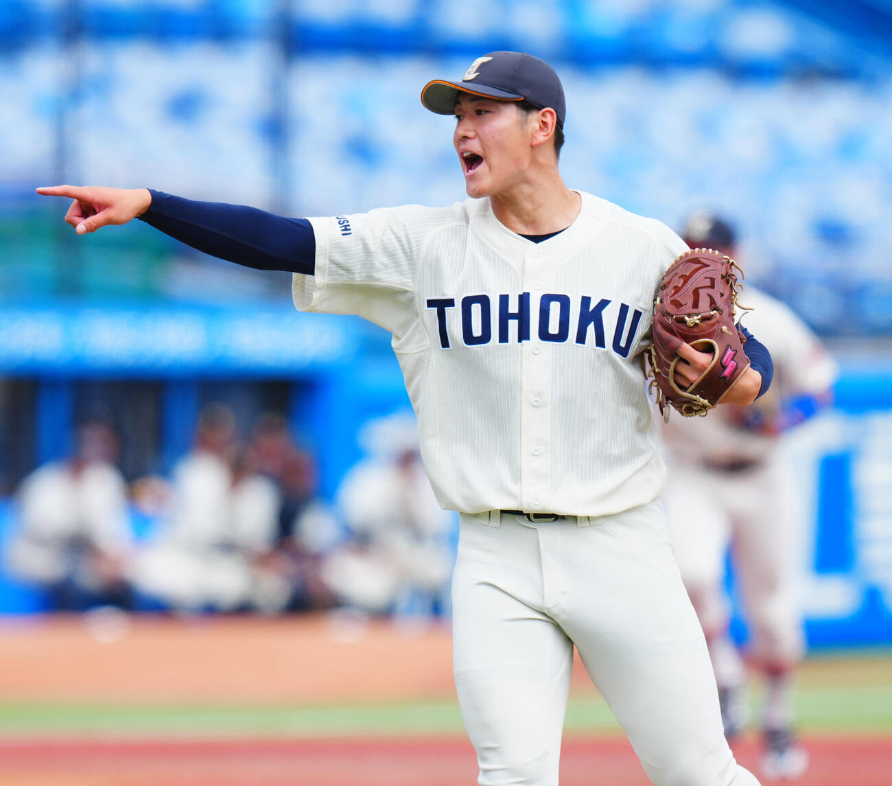 全日本大学野球選手権　準々決勝　大商大対東北福祉大　3回表大商大2死、権田結輝を空振り三振に仕留める猪俣駿太（撮影・垰建太）